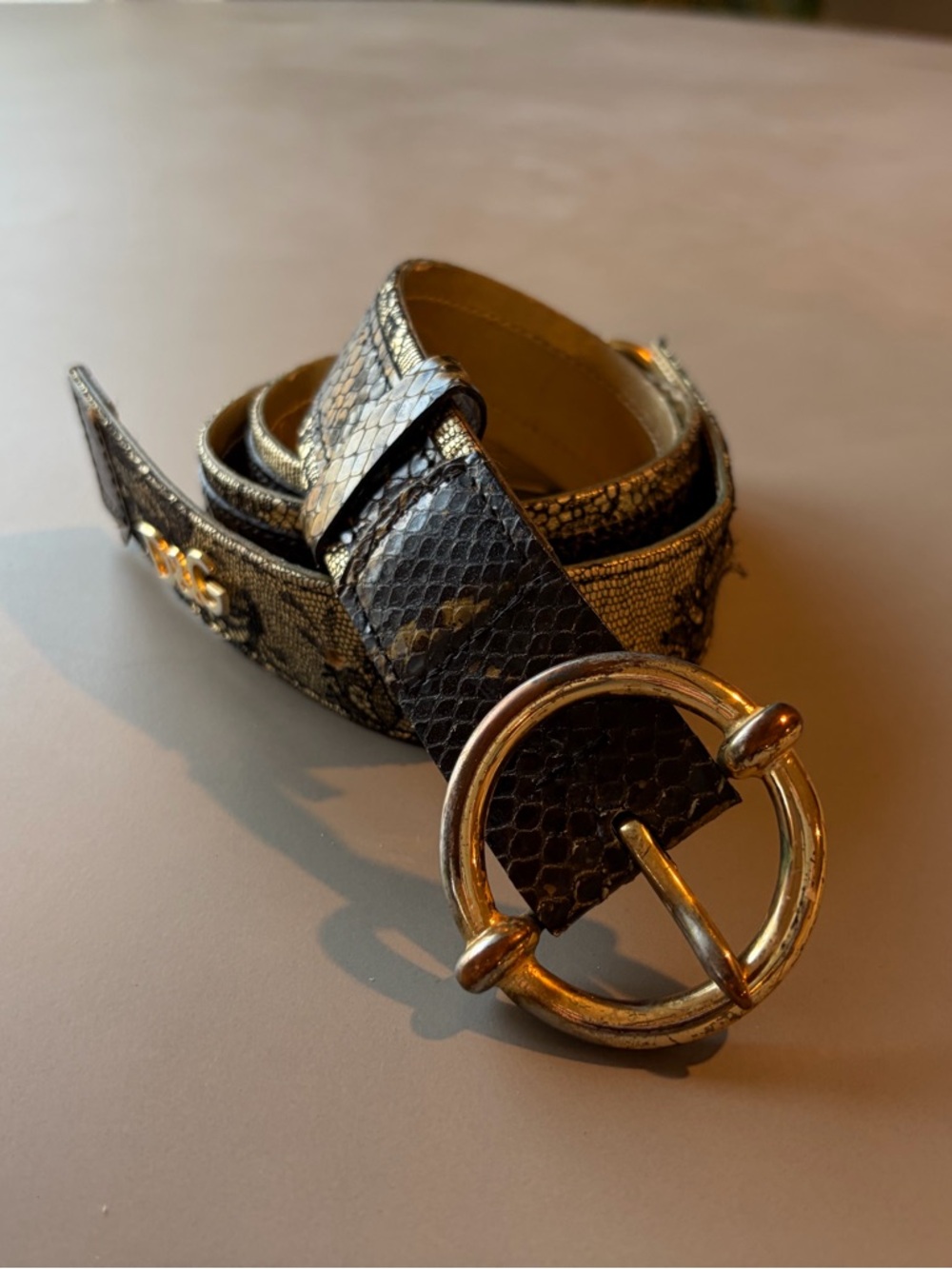 D&G Lace-Detail Black Leather Belt with Gold Round Buckle